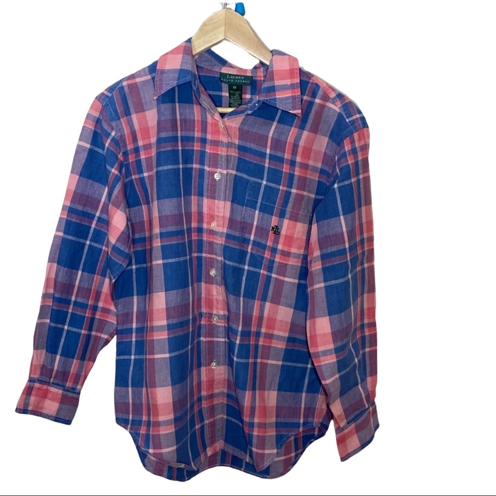 Lauren Ralph Lauren Blue and Pink Plaid Casual Button Down Shirt